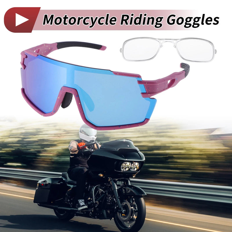 Motorcycle Riding Goggles Blue Lens Pink with Yellow Spots Frame Sunglasses