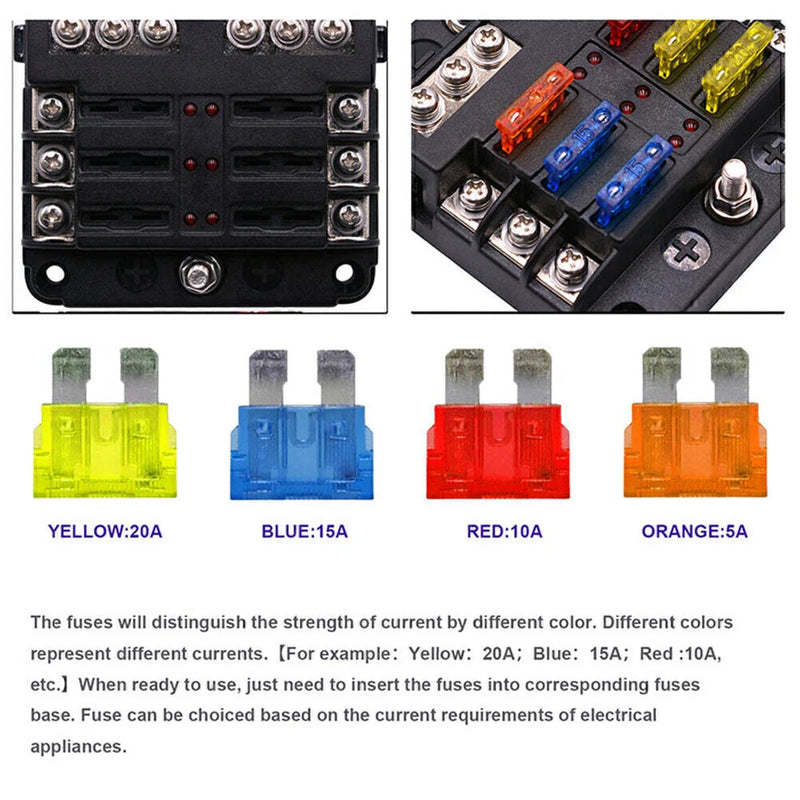 Marine Bus RVs Boats 6-Way Blade Fuse Box Block Holder w/ LED Indicator