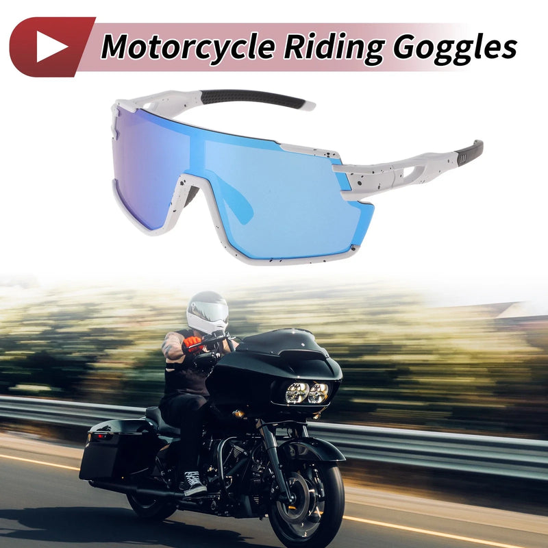 Pair Motorcycle Riding Goggles Blue Lenses White Black Frame Cycling Sunglasses