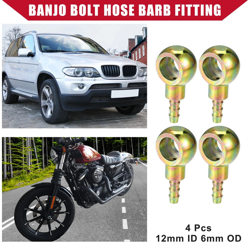 Auto Motorcycle 4 x Banjo Bolt Hose Barb Fitting Metal 12mm ID 6mm OD