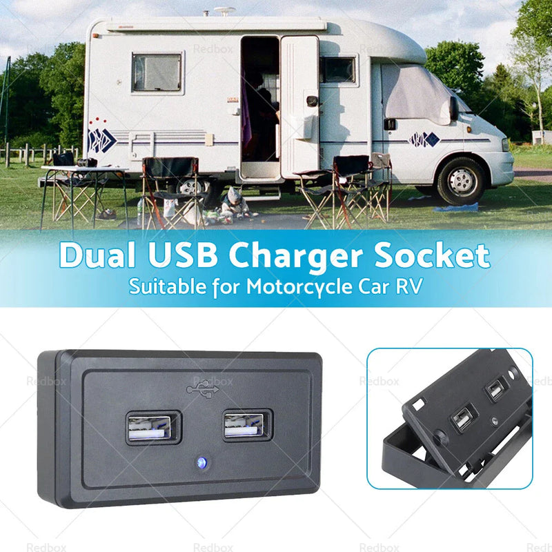 Motorcycle Car RV Dual USB Fast Charger Socket Power Outlet Panel