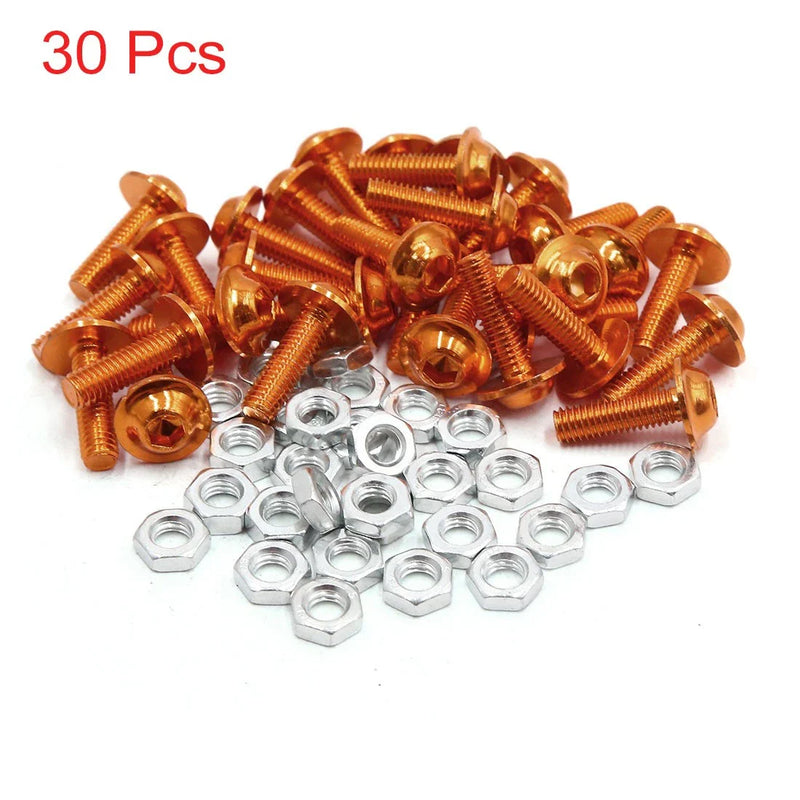 Motorcycle 30pcs M6 Orange Aluminum Alloy Hex Socket Head Bolts Screws Nuts
