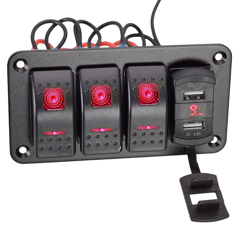 RV Car Marine 3 Gang Rocker Toggle Switch Panel Dual USB Port (2010-2023)