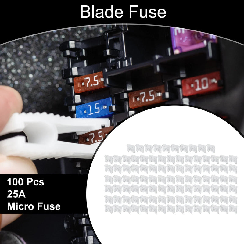 Car Boat Truck RV Motorcycle White 100 Pcs Micro Fuse 25A Blade Fuse
