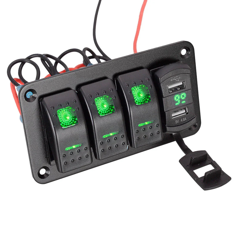 Car Boat Marine RV Truck Green LED 12V 3 Gang Toggle Rocker Switch Panel