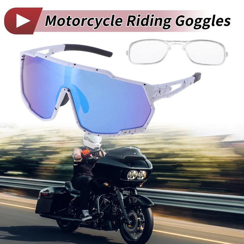 Motorcycle Riding Goggles Blue Lens White with Black Spots Frame PC