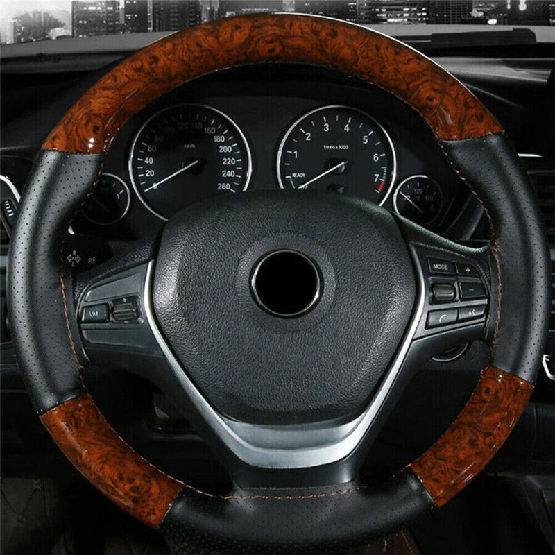 Car Wood Grain PU Leather Non-Slip Steering Wheel Cover