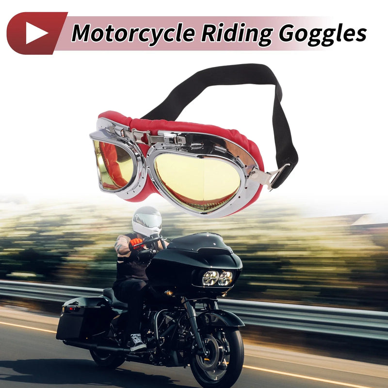 Motorcycle Riding Goggles Yellow Lens Red Silver Tone Frame PC PU Sponge