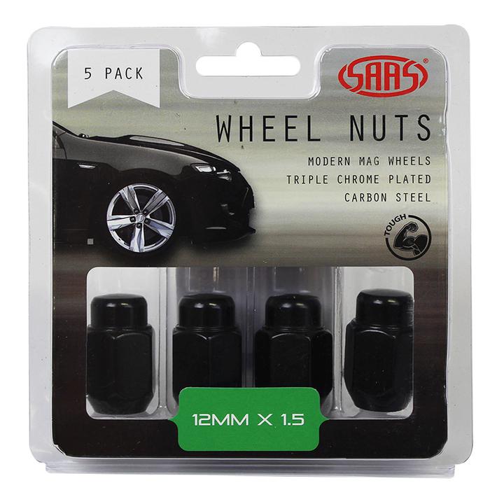 Saas Wheel Nuts Acorn Taper M12x1.50 Black 35mm (5 Pack)