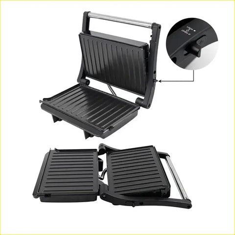 Black sandwich grill press 12v with ribbed plates and silver handle perfect for ute and offroad meals in 4wd trips