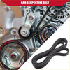 Black rubber serpentine belt with reinforced edges shown installed in engine and as replacement for toyota tacoma 2005-2023