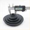 Black rubber grommet with circular ridges and central hole measured by caliper for shift knob boot cover in datsun nissan