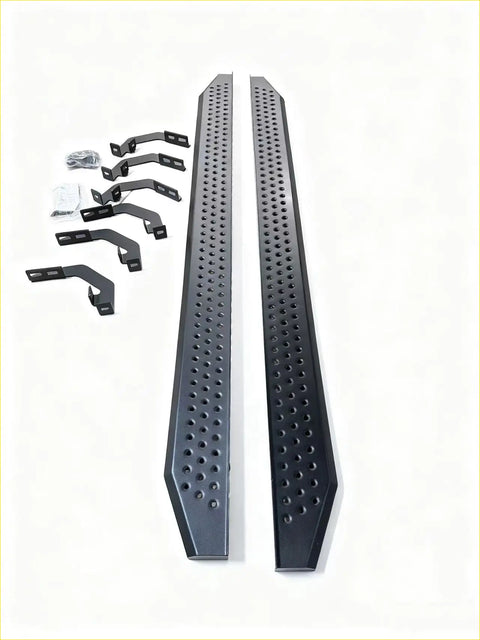 Black perforated steel side step running board with matching brackets for isuzu d-max 2021-current shown from back side