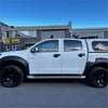 White mitsubishi triton pickup with black fender flares and hardtop canopy showing side step running board oem style