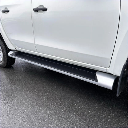 Silver aluminum side step running board with black rubber grip for easy door access on triton 2019-2023 double cab