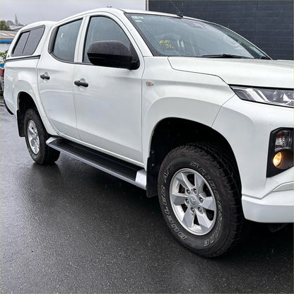 White mitsubishi triton double cab with black side step running boards and alloy wheels oem style 2019-2023