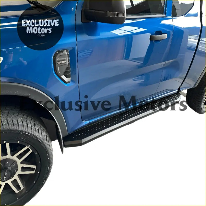 Black steel side step running boards with matte finish and textured surface for rugged toyota hilux revo trucks