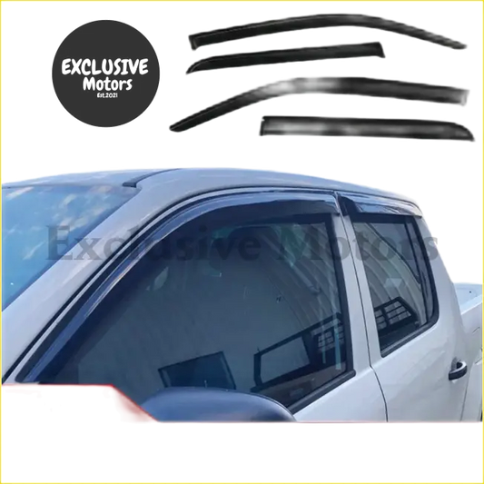 Black plastic side window deflectors for white vw amarok double cabin pickup truck shown from the back side