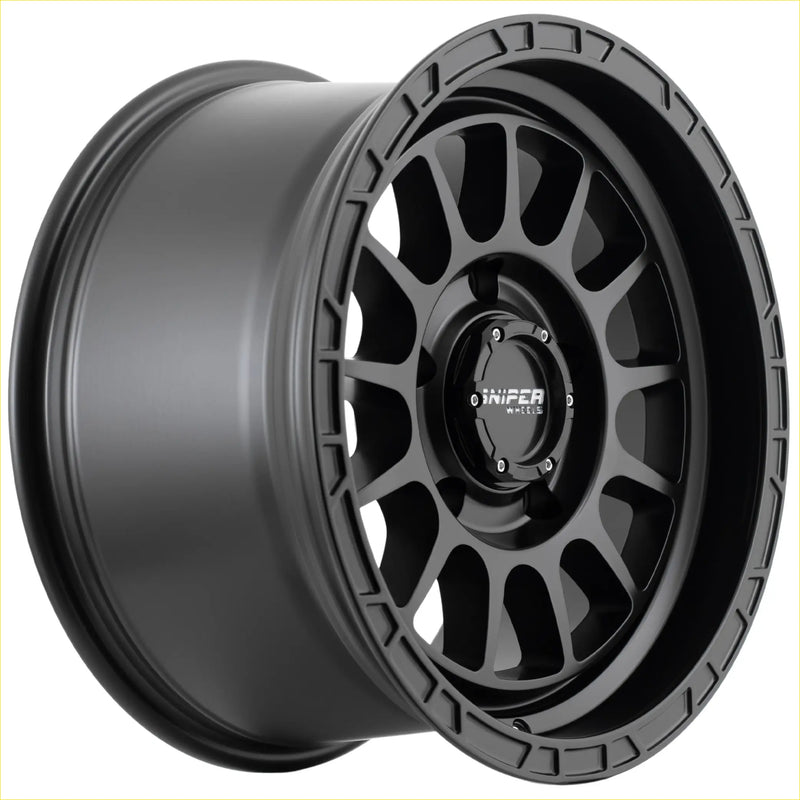 Black matte finish sniper ballistic alloy wheel with rugged multi spoke design and infer wheels logo at center
