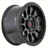 Black matte finished sniper blast 17x9 alloy wheel with rugged multi spoke design and red triple logo center
