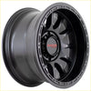 Black matte finish sniper blast 17x9 alloy wheel with bold multi spoke design and red center logo
