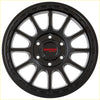 Black matte finished sniper blast 17x9 alloy wheel with multi-spoke design and red skpdr wheels logo center