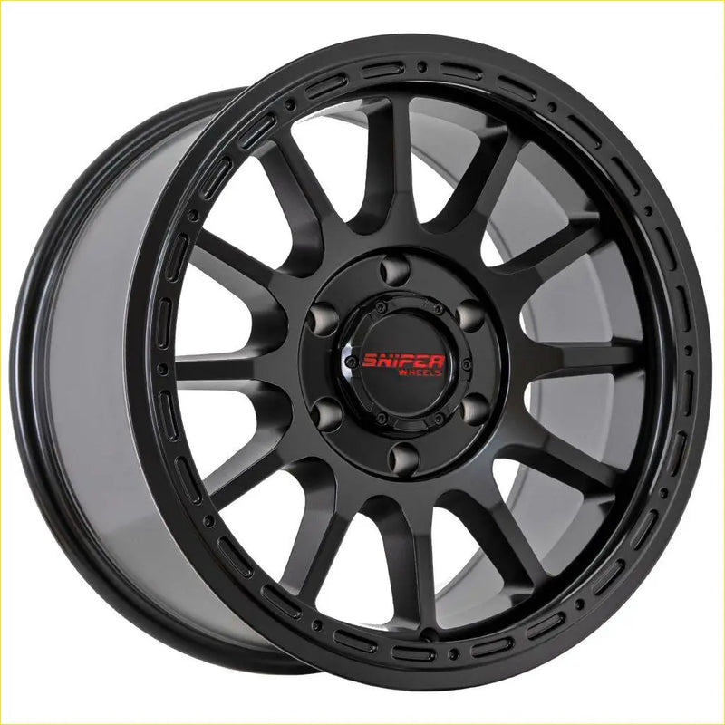 Black sniper blast alloy wheel with matte finish and red logo center 17x9 6x139.7 -44 offset