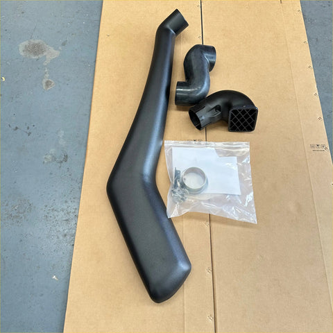 Black plastic snorkel kit for Holden Colorado 2012 to 2020 with curved tubing and meshed end piece