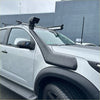 Black rubber snorkel mounted on the front of a white 2012-2020 holden colorado pickup truck