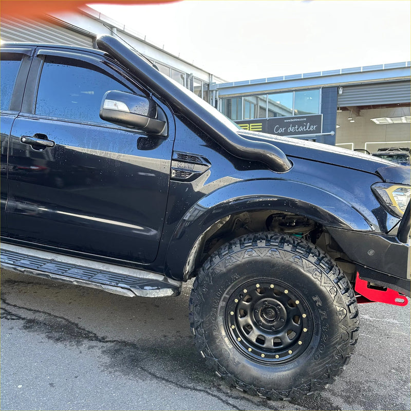 Black matte stainless steel snorkel roof rack mounted on ford ranger px2 px3 2016-2021 seen from backside