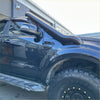 Black matte stainless steel snorkel tube mounted on the roof of a dark blue ford ranger px2 px3 2016-2021