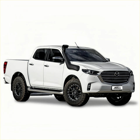 White Mazda BT50 2021+ pickup truck with black off-road tires and a black snorkel mounted on the hood