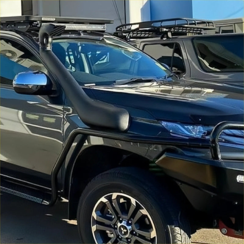 Black rubber snorkel mounted on the front of dark-colored pickup truck for mitsubishi triton 2019-2023