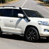 Black rubber snorkel made of stainless steel mounted on the side of a white toyota land cruiser 200 series