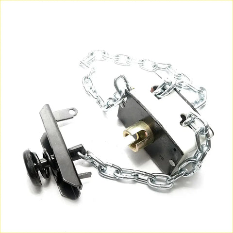 Black metal door chain lock with silver links and brass lock used as spare wheel tire carrier for toyota hilux 2012-2015
