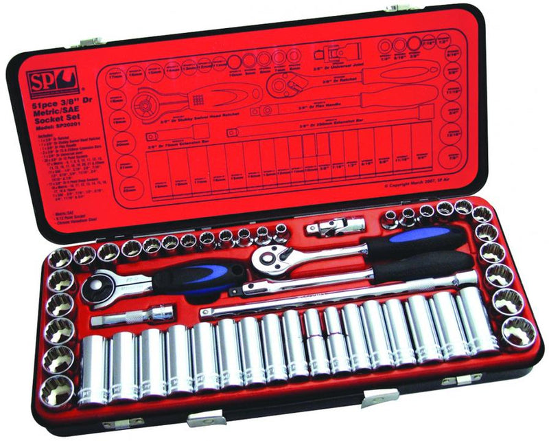 SP Tools Socket Set 3/8"Dr 12PT & 6PT 51 Pc Metric/SAE