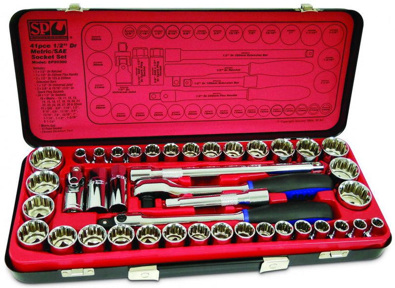 SP Tools Socket Set 1/2" Drive 12PT 41 Pc Metric/SAE