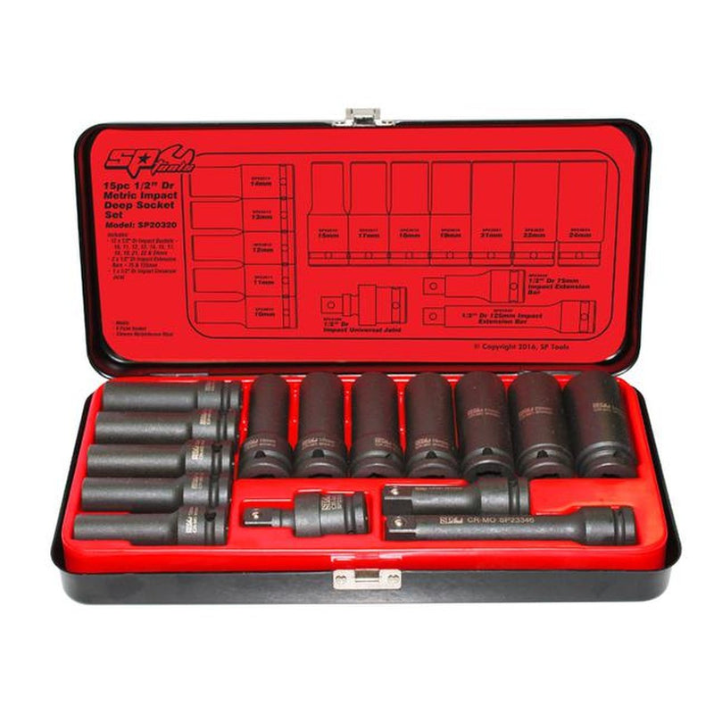 SP Tools Socket Set Impact 1/2Dr Deep 6PT 15Pc Metric