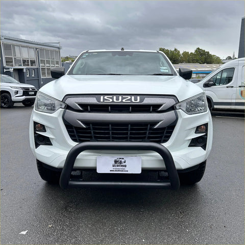 White isuzu d-max pickup with a black front bumper guard and a medium size stainless steel nudge bar installed
