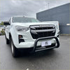 White isuzu d-max 2021-current with a stainless steel medium size nudge bar and black front bumper guard
