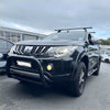 Black mitsubishi triton with matte stainless steel nudge bar, rugged front bull bar, and roof rack for 2015-2018 models