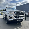 Silver toyota hilux with black front bumper guard and roof rack featuring stainless steel matte nudge bar 2018-2020 medium size