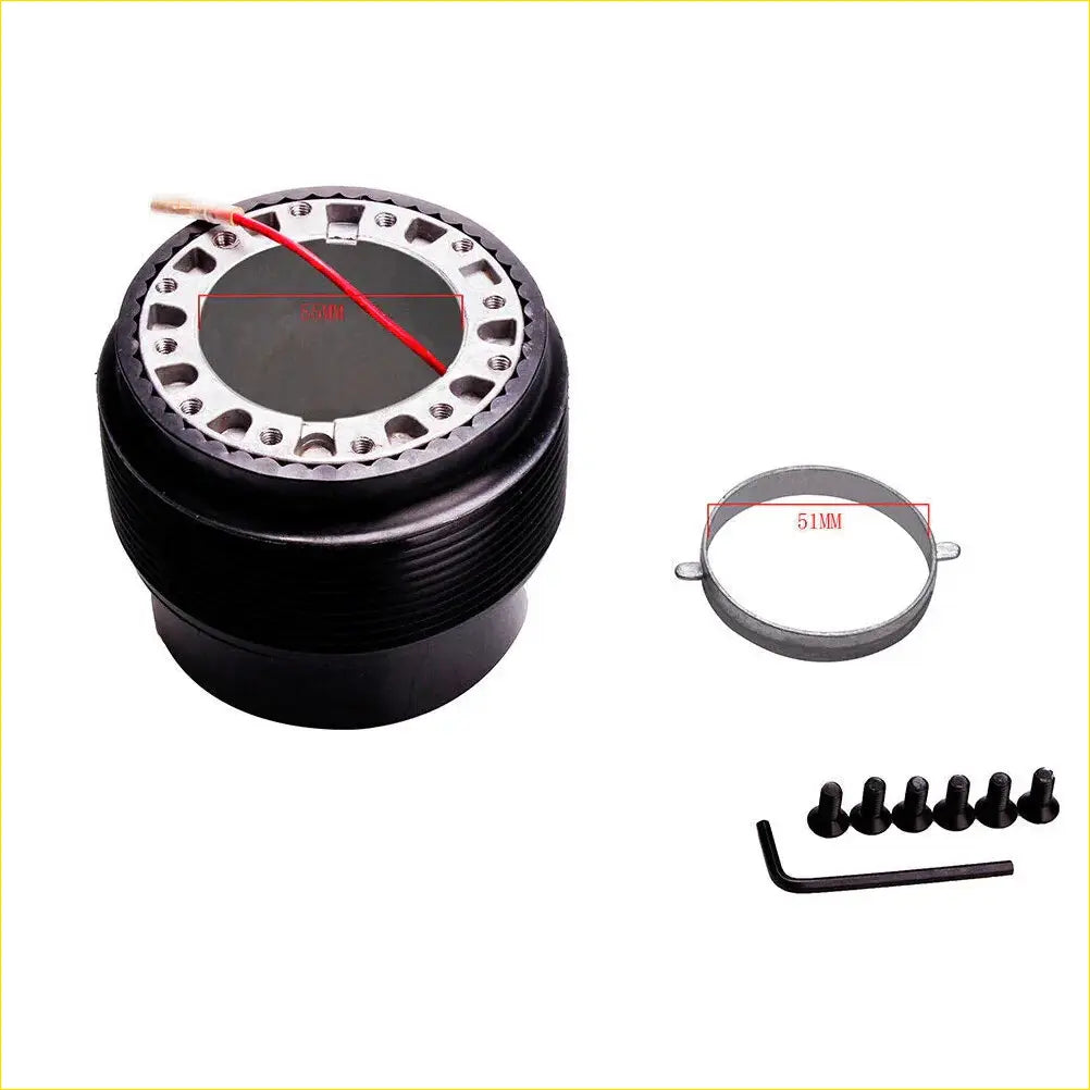 Black and silver steering hub adapter with power assist and red wire for Toyota Wish 2005-2008 shown from back side