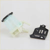 Translucent light blue plastic fuel filter with black cap and white fittings plus black metal bracket for toyota diesel steering fluid reservoir
