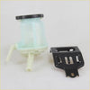 Translucent light blue plastic brake fluid reservoir with black cap beige tubing and black metal bracket for toyota hilux mk6 diesel