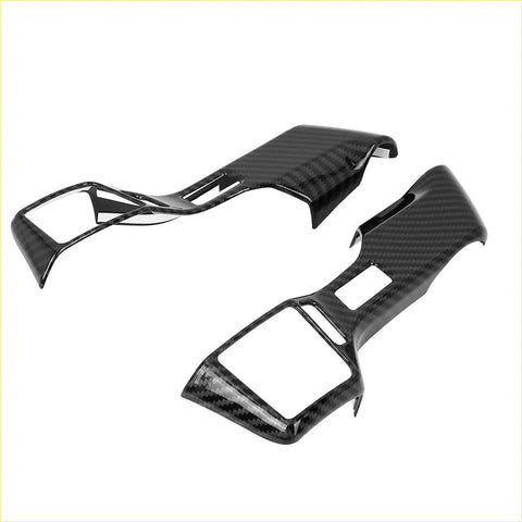 Black carbon fiber steering wheel button cover trim with glossy finish and precise cutouts for toyota trucks and suv controls
