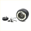 Black rubber steering wheel hub adapter with metallic inner ring and mounting hardware for nissan pulsar n14 hatchback back side