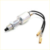 Silver cylindrical ignition coil with threaded metal body and black wires with gold connectors for nissan datsun brake switch