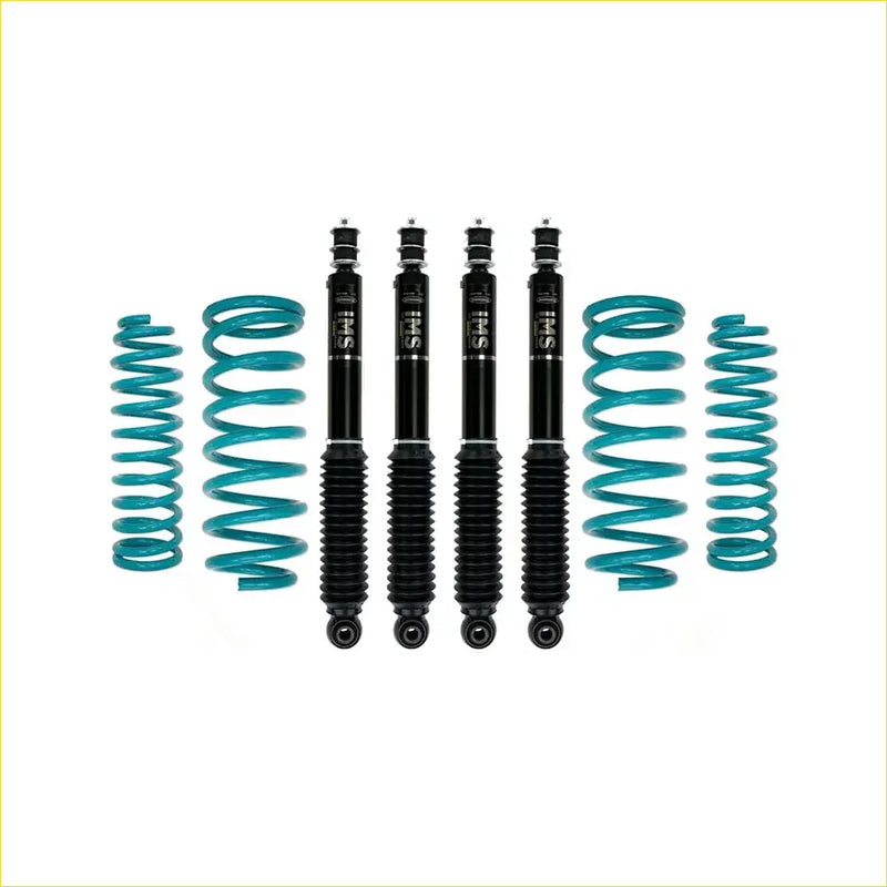 Set of four black sfi shock absorbers with teal coil springs for suzuki jimny gj 3 door 2018 on lift kit