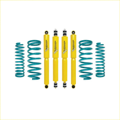 Set of four bright yellow dobinsons twin tube nitro gas shock absorbers with teal coil springs for suzuki jimny gj 3 door